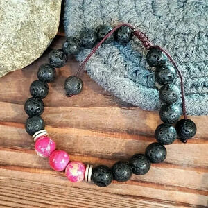 Handcrafted Chakra Bracelet Deep Pink Aqua Terra Jasper Black Lava